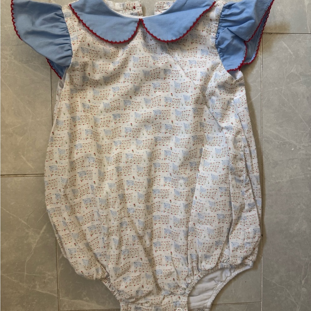 Blue and White Bodysuit with Flutter Sleeves